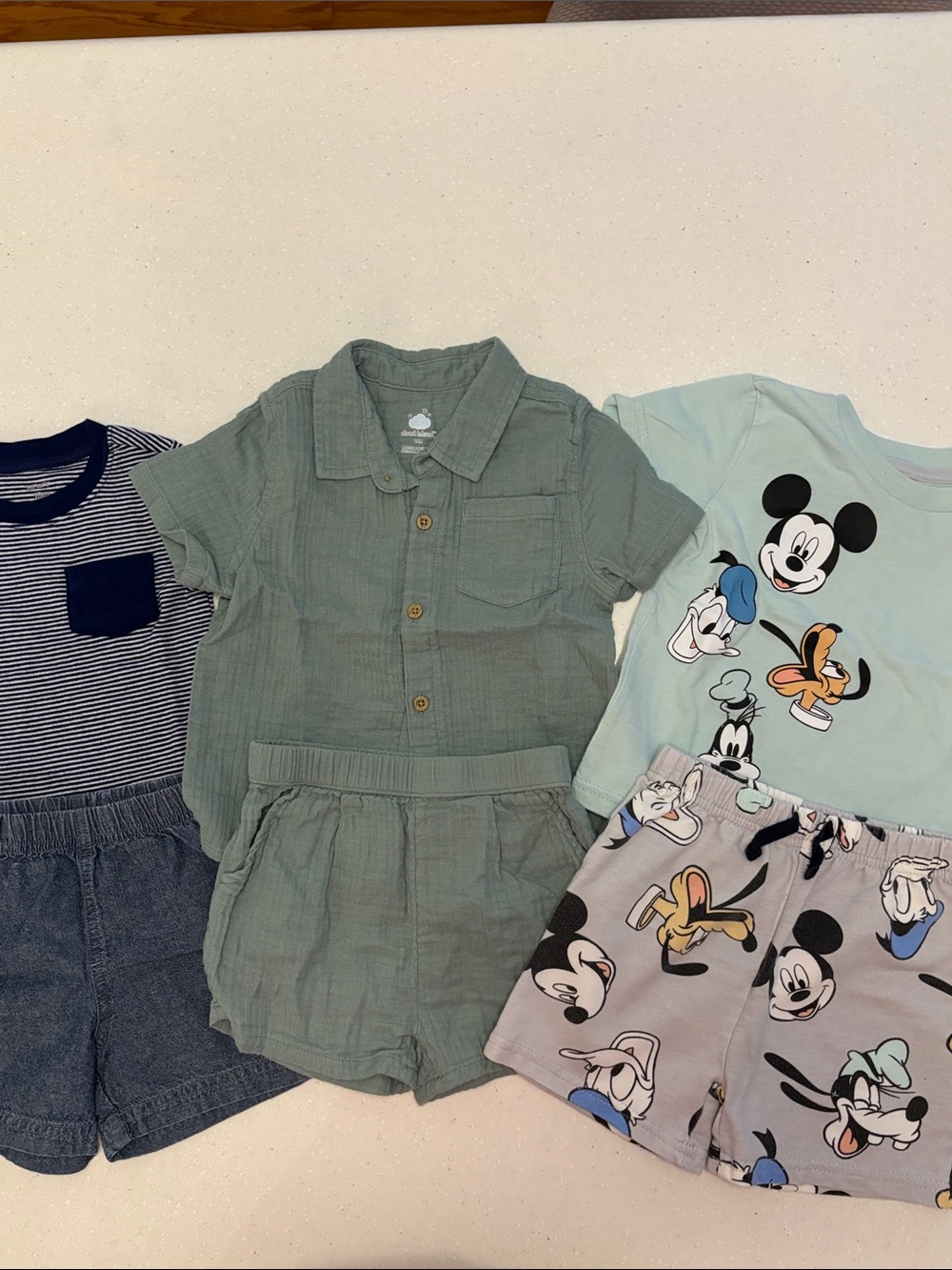 3 sets-Green Button-Up Shirt & Shorts Set, Mickey Set and Blue Stripe/Jean